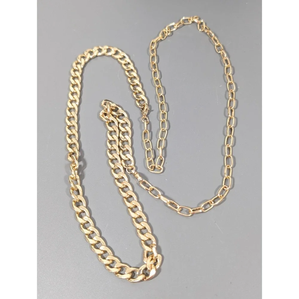 Set of 2 Convertible Gold‎ Tone Cuban Curb Chain Oval Link Necklace 34 in